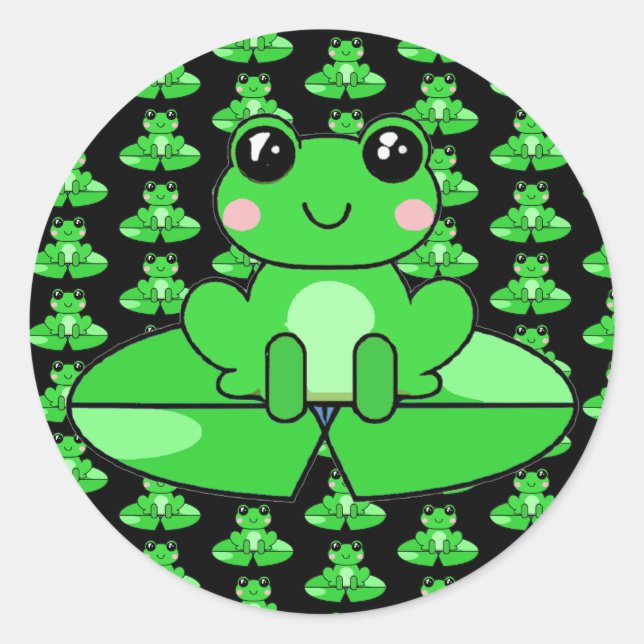 Sticker Rond Cute grenouille caricaturale sur un tapis de Lily (Devant)