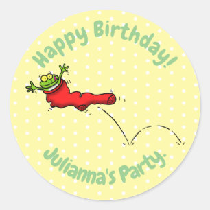 Sticker Rond Cute grenouille dans une chaussette rouge saut de