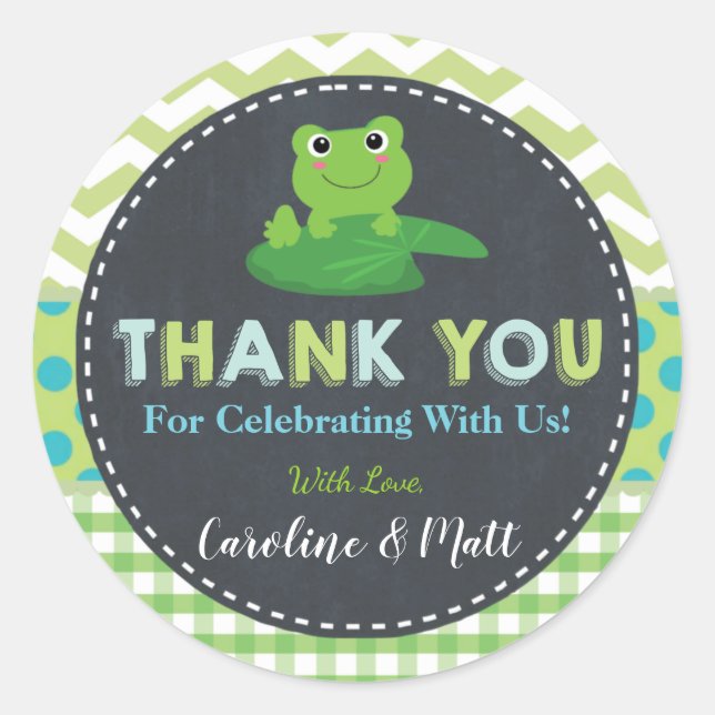 Sticker Rond Cute Grenouille Vert Baby shower bleu Merci Favori (Devant)