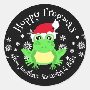 Sticker Rond Cute Grenouille verte Noël Santa Chapeau Carton no