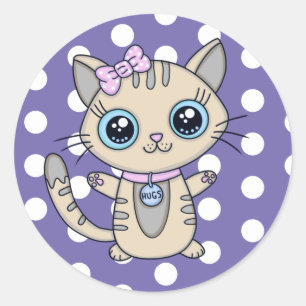 Sticker Rond Cute Grey Kitty Chat violet Polka Point personnali
