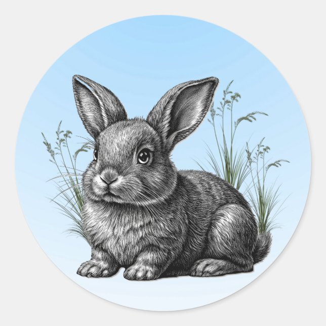 Sticker Rond Cute Grey Rabbit contre un ciel bleu (Devant)