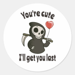 Sticker Rond Cute Grim Reaper avec coeur romantique