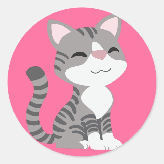 Sticker Rond Cute Gris Souriant Tabby Chat (Devant)