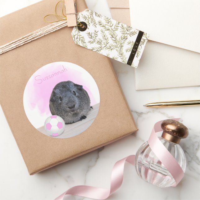 Sticker Rond Cute Guinée Pig rose balle de soccer Nom personnal (Cadeaux)