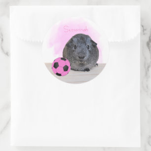 Sticker Rond Cute Guinée Pig rose balle de soccer Nom personnal