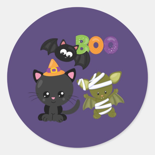 Sticker Rond Cute Halloween Chat, chauve-souris et maman Boo (Devant)