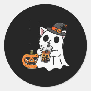 Sticker Rond Cute Halloween Chat En Costume Fantôme Boire Boba