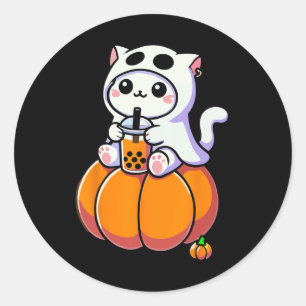Sticker Rond Cute Halloween Chat En Costume Fantôme Boire Boba
