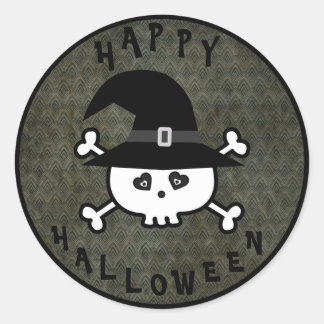 Sticker Rond Cute Halloween crâne avec sorcière Casquette