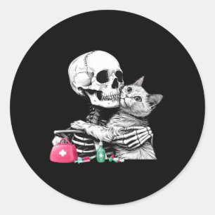 Sticker Rond Cute Halloween Squelette Hug Chat Vet Tech Vétérin