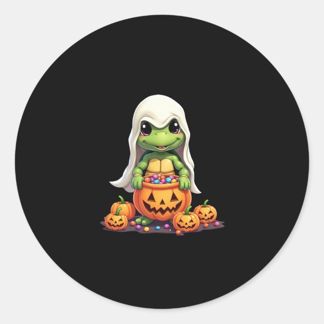 Sticker Rond Cute Halloween Turtle Ghost avec bonbon (1) (Devant)
