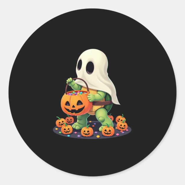 Sticker Rond Cute Halloween Turtle Ghost avec bonbon (2) (Devant)