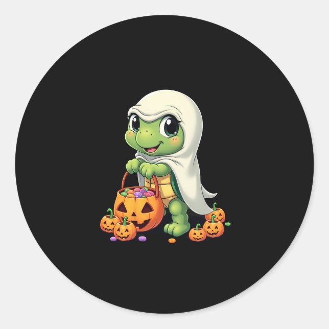 Sticker Rond Cute Halloween Turtle Ghost avec bonbon (4) (Devant)