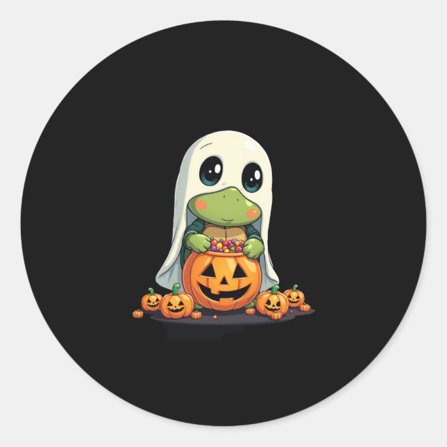 Sticker Rond Cute Halloween Turtle Ghost avec bonbon (5) (Devant)