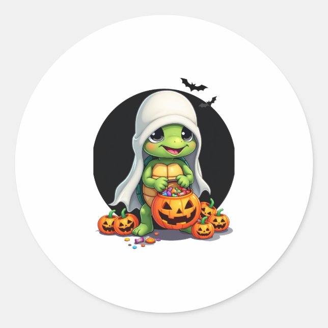Sticker Rond Cute Halloween Turtle Ghost avec bonbon (7) (Devant)