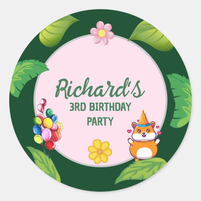 Sticker Rond Cute Hamster Botanical à thème fête d'anniversaire (Devant)