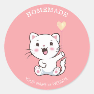 Sticker Rond Cute Happy Chat blanc avec Ballons de Coeur fait m