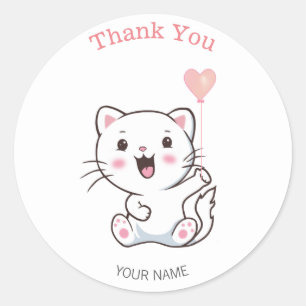 Sticker Rond Cute Happy Chat blanc avec Merci de ballon de coeu