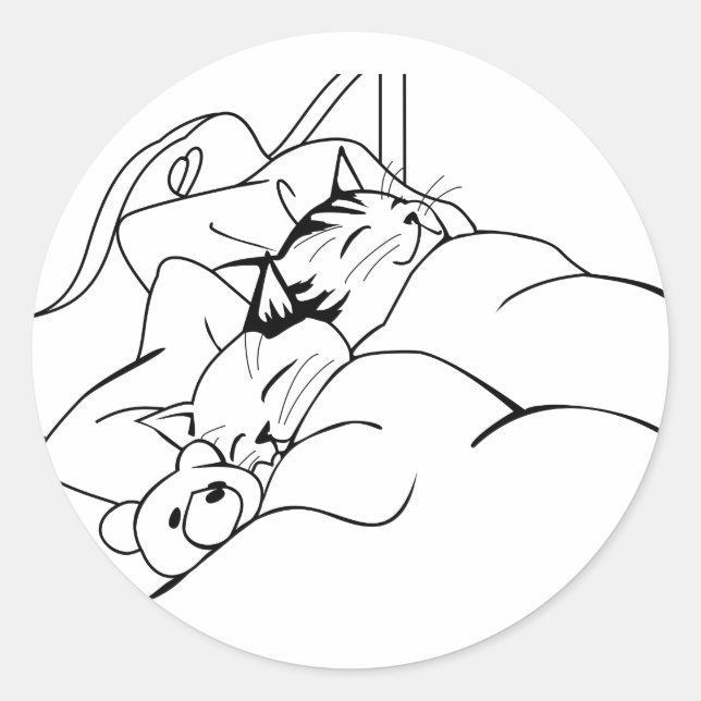 Sticker Rond Cute Happy Chats dormant dans un lit avec ours en  (Devant)