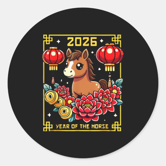 Sticker Rond Cute Happy Chinese New Year Of The Hourse 2026 Lun (Devant)