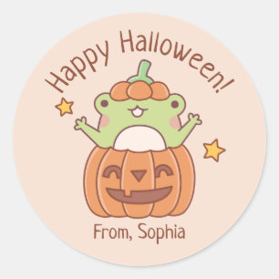 Sticker Rond Cute Happy Halloween grenouille en Citrouille scul