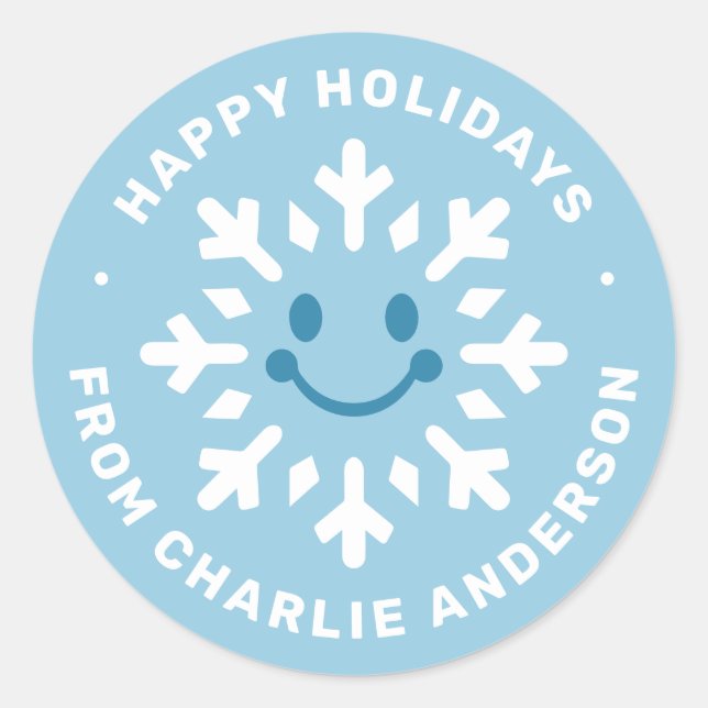 Sticker Rond Cute happy snowflake Happy Holidays blue winter (Devant)