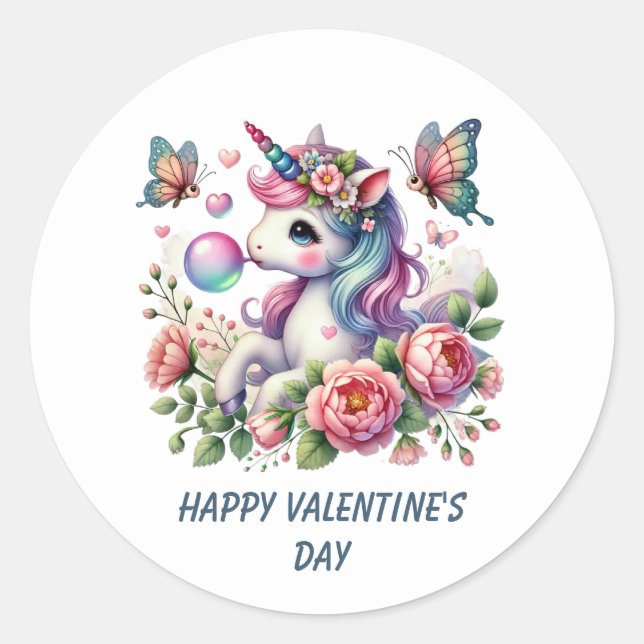 Sticker Rond Cute Happy Valentine's Day unicorn  (Devant)