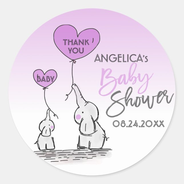 Sticker Rond Cute Heart LAVENDER Elephant maman & Baby shower (Devant)