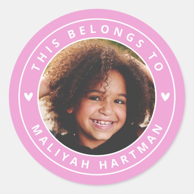 Sticker Rond Cute Hearts Circle Frame Photo Nom École Rose (Devant)