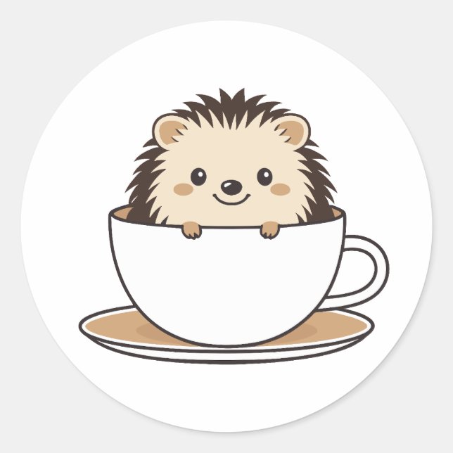 Sticker Rond Cute Hedgehog assis dans la coupe du café (Devant)