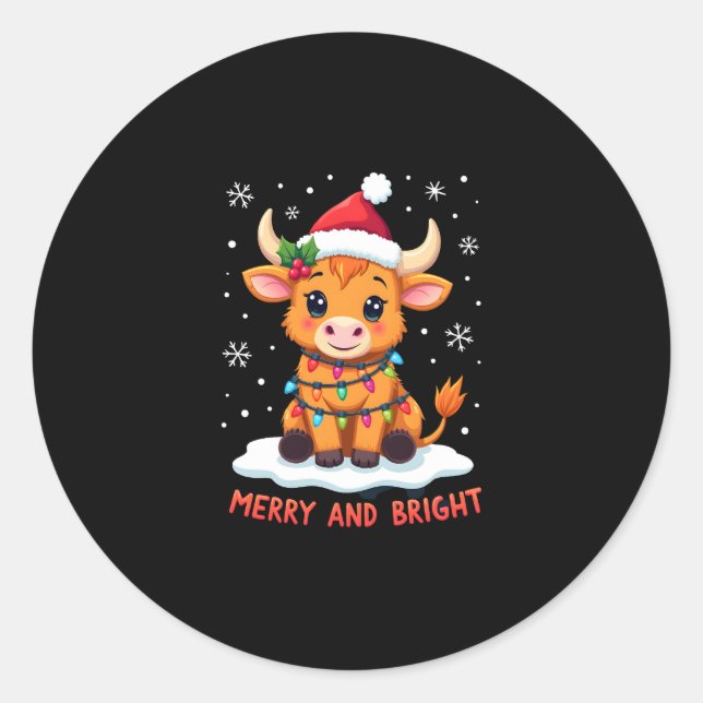 Sticker Rond Cute Highland Baby Cow Christmas Lights Merry & Br (Devant)