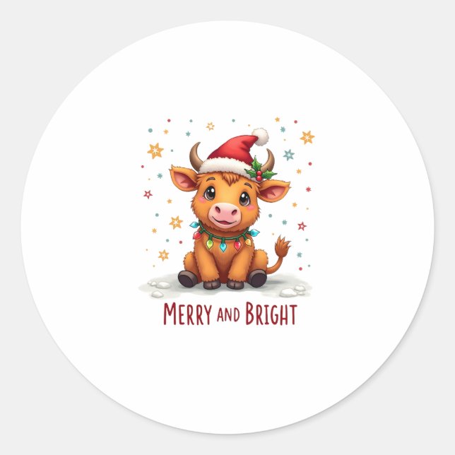 Sticker Rond Cute Highland Baby Cow Christmas Lights Merry & Br (Devant)