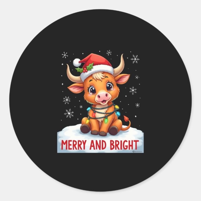 Sticker Rond Cute Highland Baby Cow Christmas Lights Merry & Br (Devant)