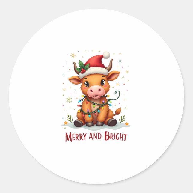 Sticker Rond Cute Highland Baby Cow Christmas Lights Merry & Br (Devant)