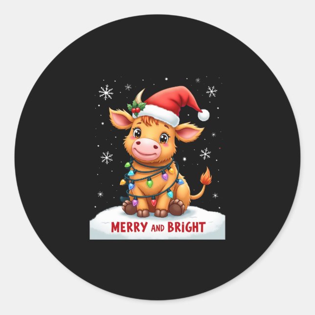 Sticker Rond Cute Highland Baby Cow Christmas Lights Merry & Br (Devant)