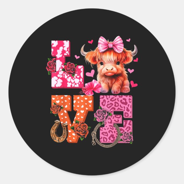 Sticker Rond Cute Highland Cow And Nk Heart Valentines Day Love (Devant)