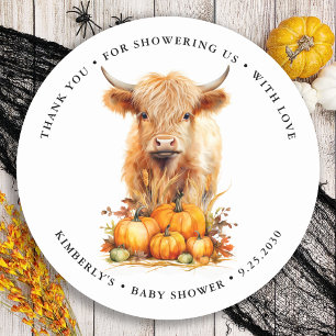 Sticker Rond Cute Highland Cow Automne Citrouille Baby shower
