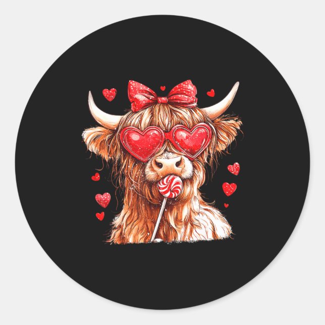 Sticker Rond Cute Highland Cow Candy Cane Heart Valentines Day  (Devant)