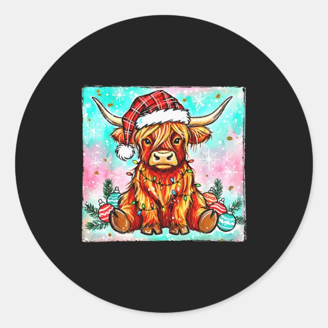 Sticker Rond Cute Highland Cow Christmas Lights Merry Xmas Cows (Devant)