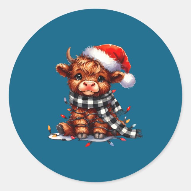 Sticker Rond Cute Highland Cow Christmas Lights Santa Hat Winte (Devant)