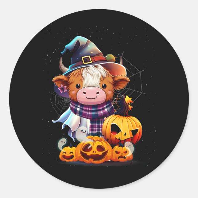 Sticker Rond Cute Highland Cow Citrouille Western Halloween Fun (Devant)