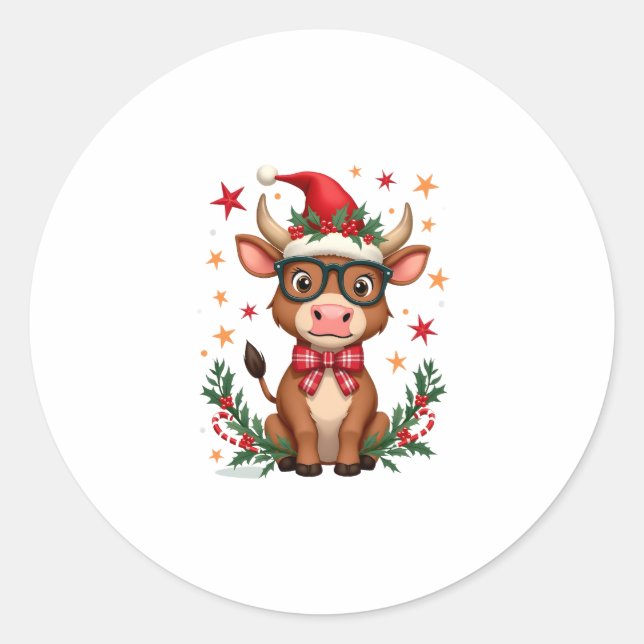 Sticker Rond Cute Highland Cow Lover Santa Hat Western Christma (Devant)