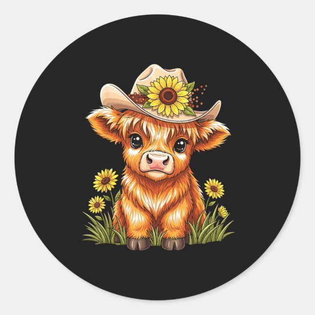 Sticker Rond Cute Highland Cow Sunflower Farm Scottish Highland (Devant)