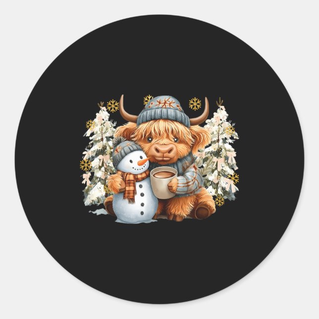 Sticker Rond Cute Highland Cow With Snowman Hot Cocoa Christmas (Devant)