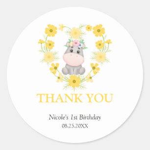 Sticker Rond Cute Hippo Jaune Fleur Coeur Anniversaire Merci