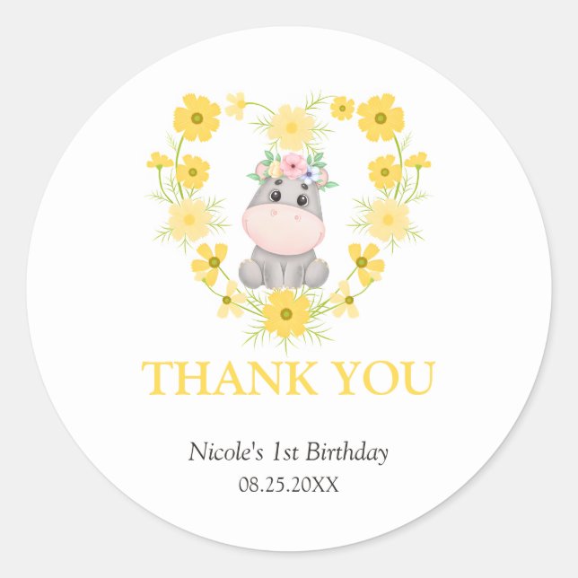 Sticker Rond Cute Hippo Jaune Fleur Coeur Anniversaire Merci (Devant)