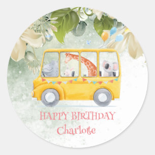 Sticker Rond Cute Hippo School Bus Safari jungle Anniversaire
