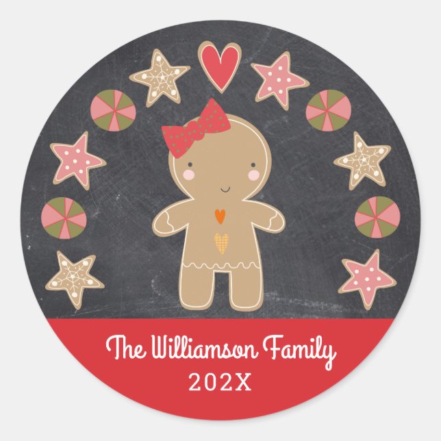 Sticker Rond Cute Holiday Gingerbread Girl Cookie Chalkboard (Devant)