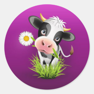 Sticker Rond Cute Holstein cow in grass over purple